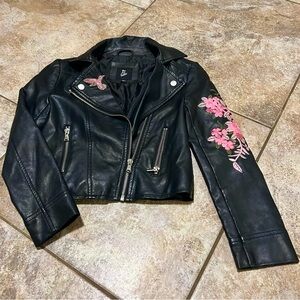 Art Class Black Leather Jacket with Pink Embroidery